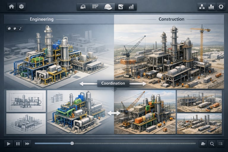 Interface épurée de modélisation 3D montrant la coordination claire entre ingénierie et construction sur projet EPC