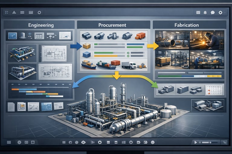 Interface de modélisation 3D claire montrant la coordination entre ingénierie, approvisionnement et fabrication pour projets EPC