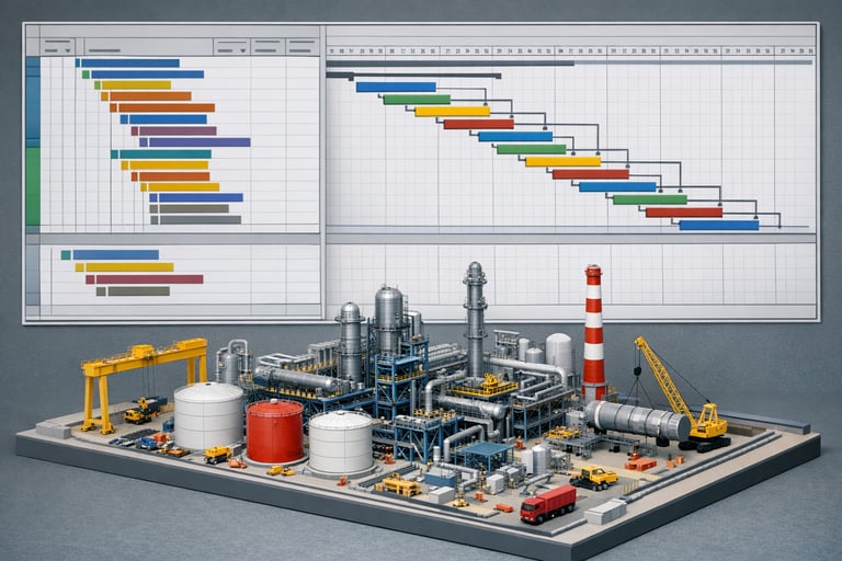 Maquette 3D claire d'un projet EPC industriel avec interface de planification Primavera P6 affichant séquences de construction optimisées