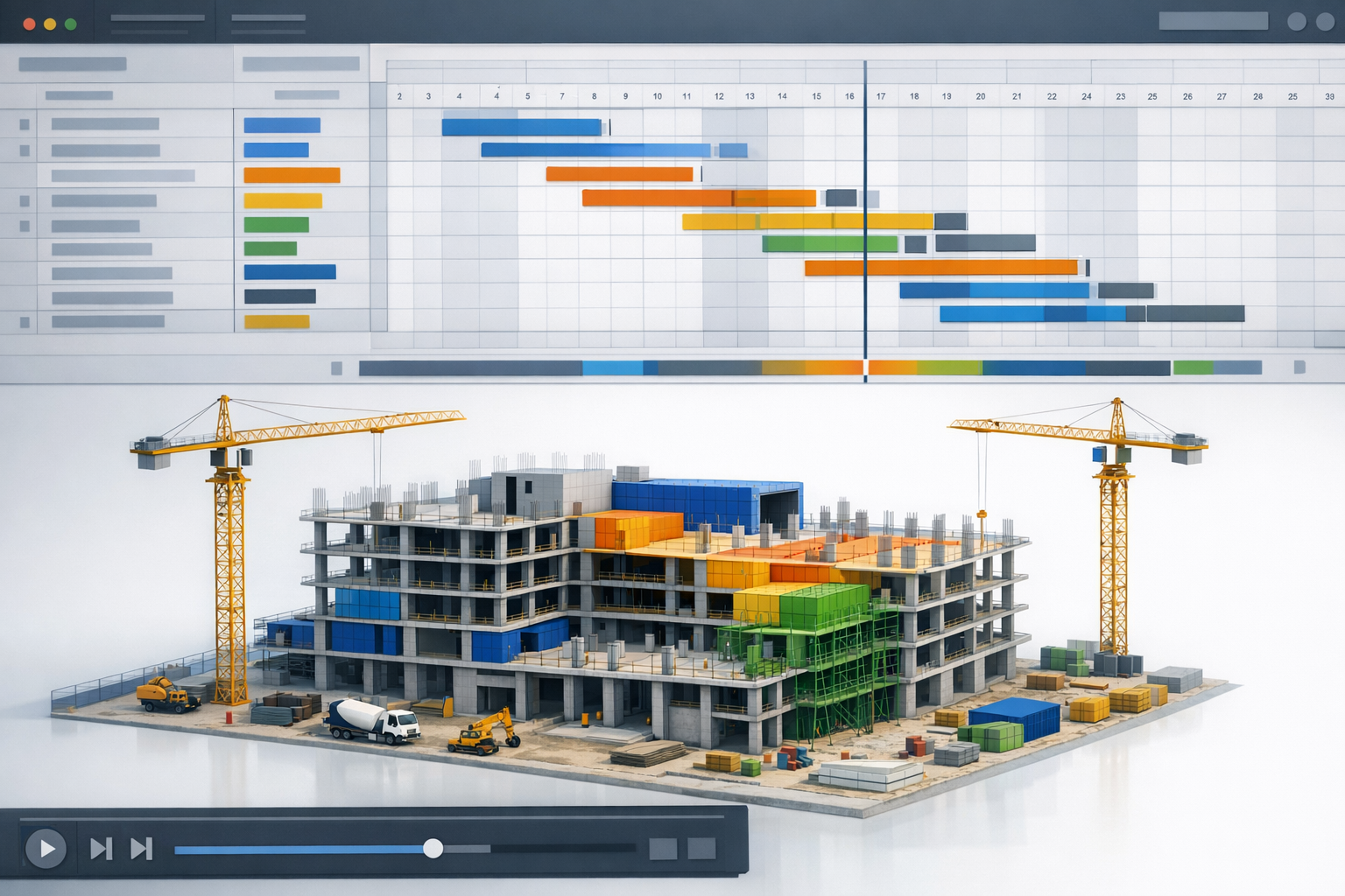 Interface claire de planification 4D montrant la synchronisation entre planning et modèle 3D