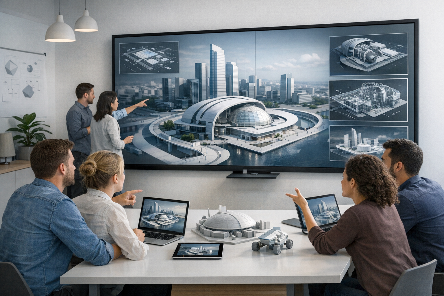 Espace de travail collaboratif minimaliste avec visualisation 3D partagée entre équipes