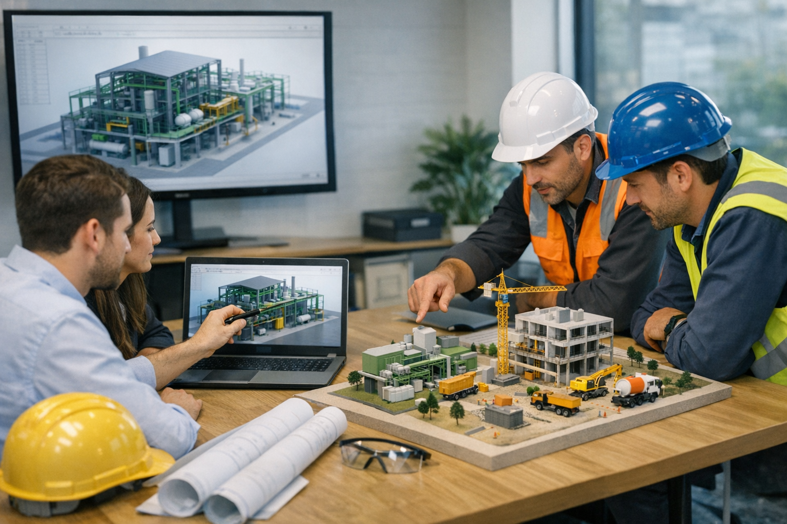 Environnement de travail collaboratif simple montrant la coordination entre ingénierie et construction via maquettes 3D