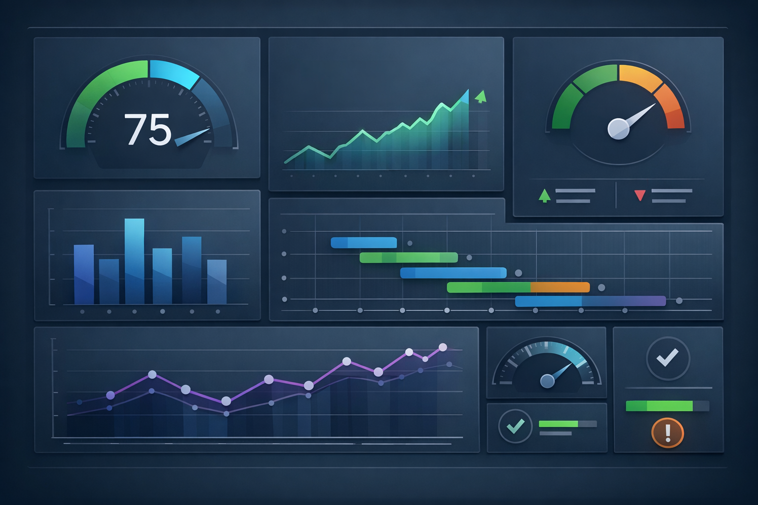 Tableau de bord épuré affichant des indicateurs de performance projet en temps réel