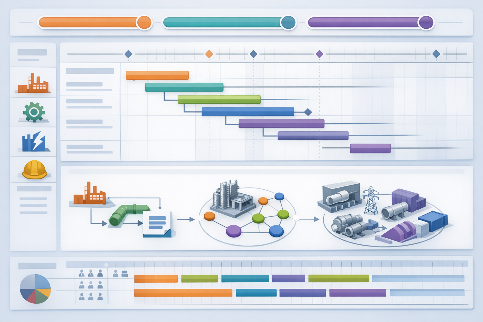 Interface de planification claire montrant la synchronisation des packages de travail EPC et la coordination multi-disciplinaire