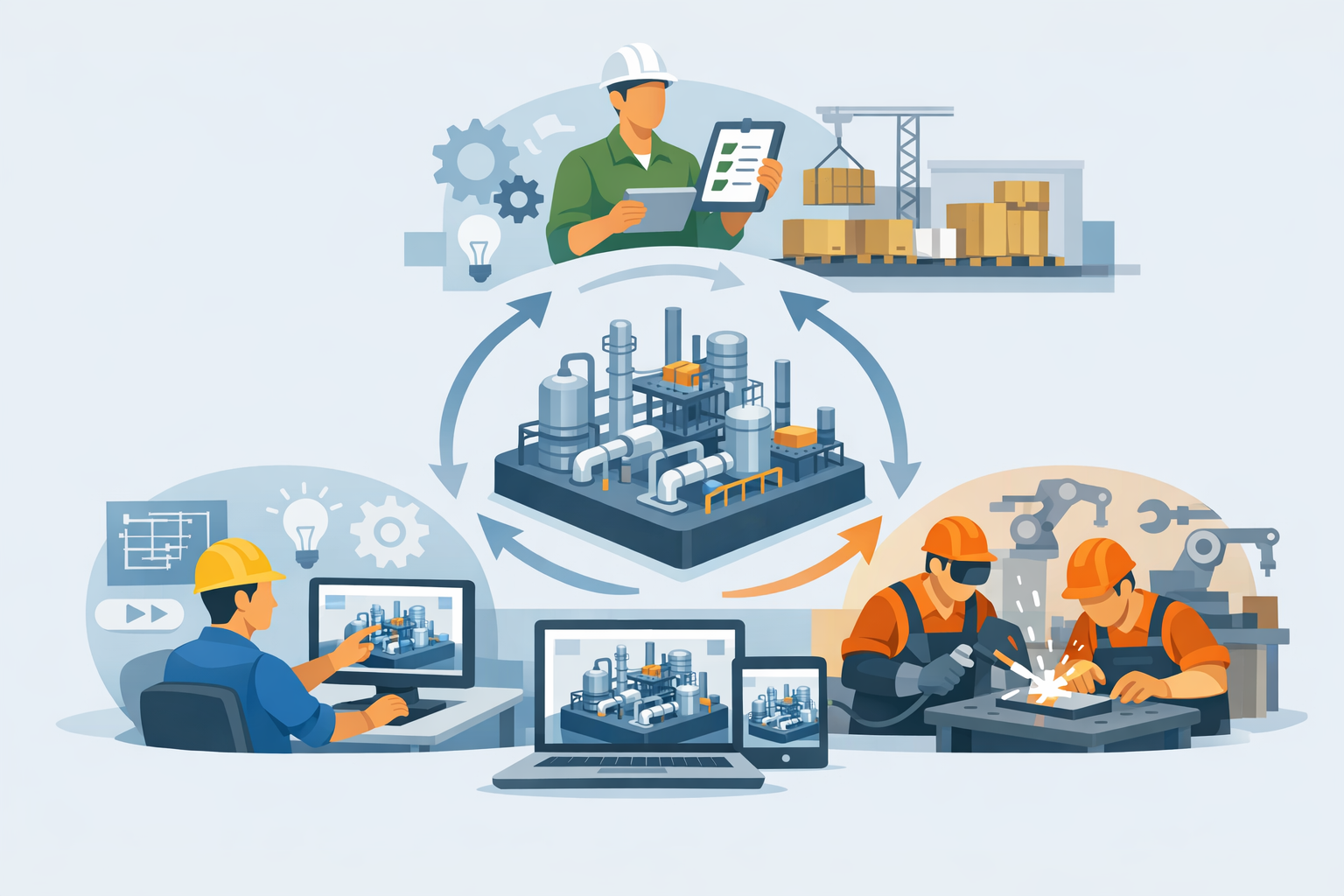 Interface simple illustrant la collaboration intégrée entre équipes d'ingénierie, approvisionnement et atelier via maquettes 3D centralisées