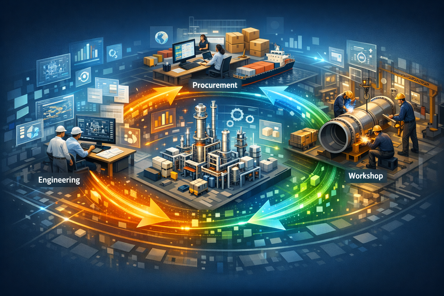 Interface claire montrant la coordination en temps réel des flux de données entre ingénierie, approvisionnement et atelier sur projets EPC
